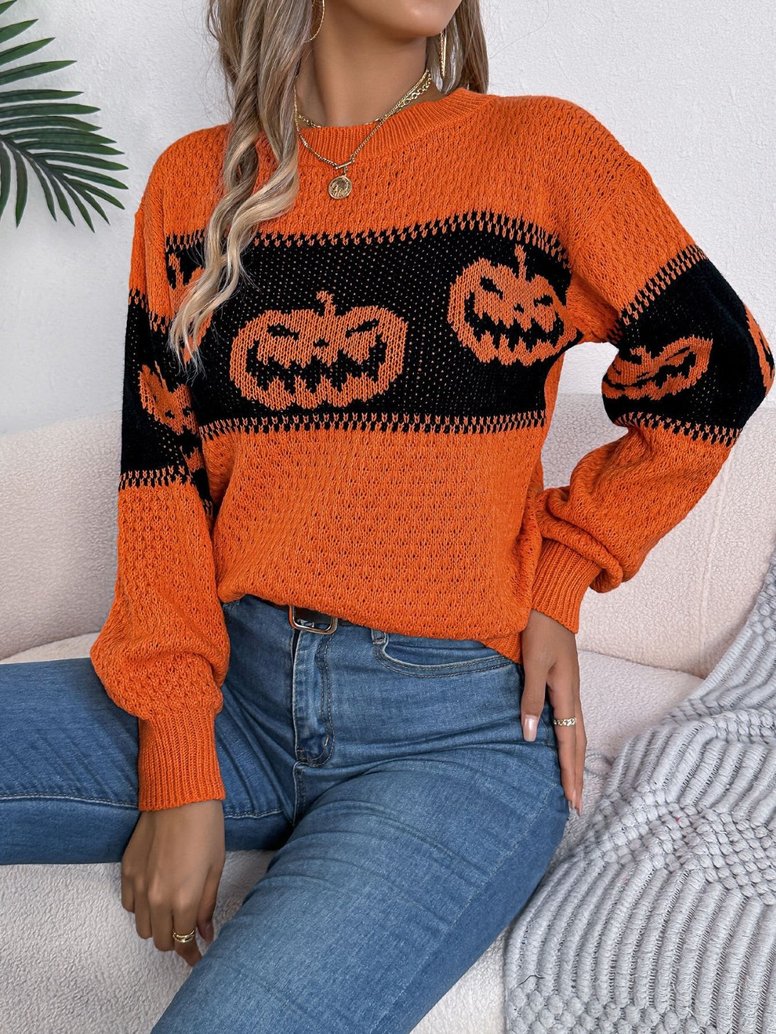 Pumpkin Round Neck Long Sleeve Sweater-Angel Casuals