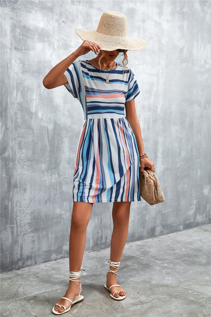 Striped Round Neck Dress-Angel Casuals