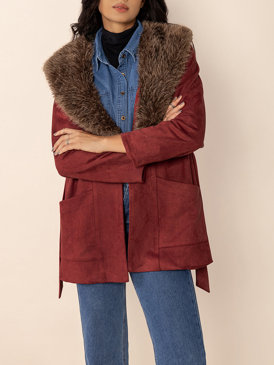 Fuzzy Collared Neck Tie Waist Jacket-Angel Casuals