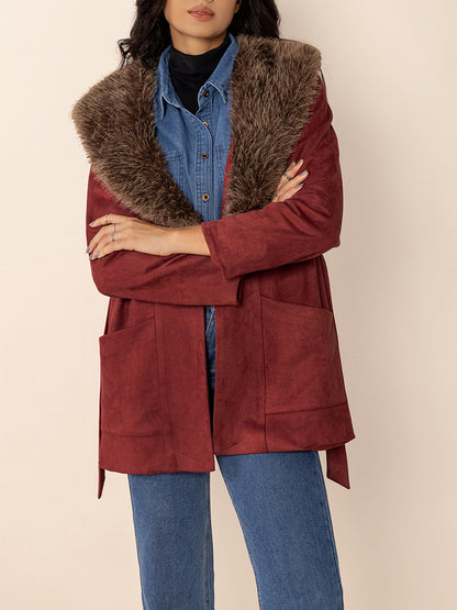 Fuzzy Collared Neck Tie Waist Jacket-Angel Casuals