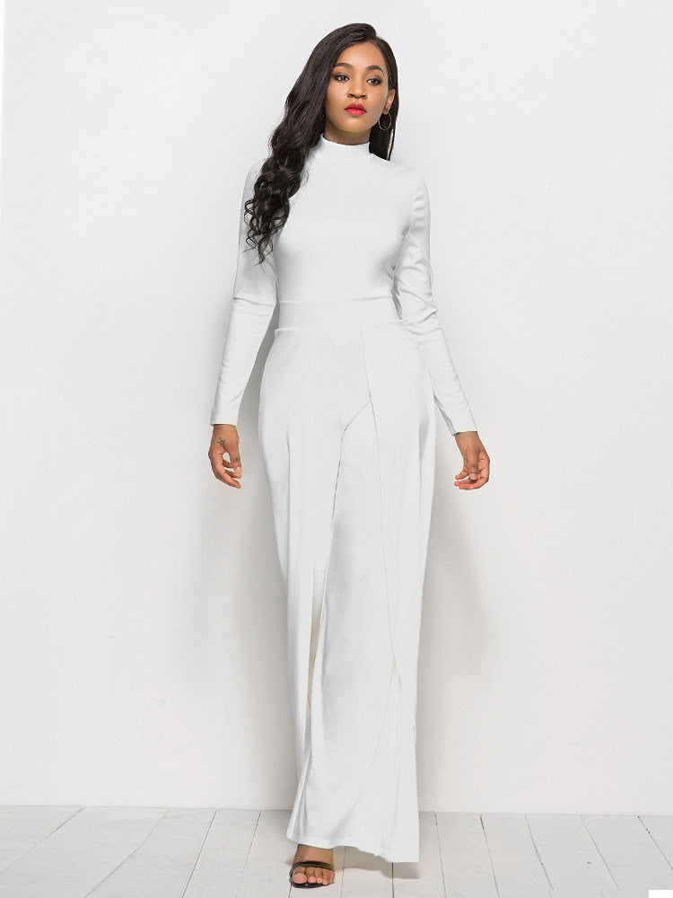 Long Sleeve Mock Neck Wide Leg Jumpsuit-Angel Casuals