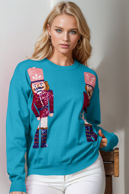 Double Take Full Size Nutcracker Sequin Long Sleeve Sweater-Angel Casuals