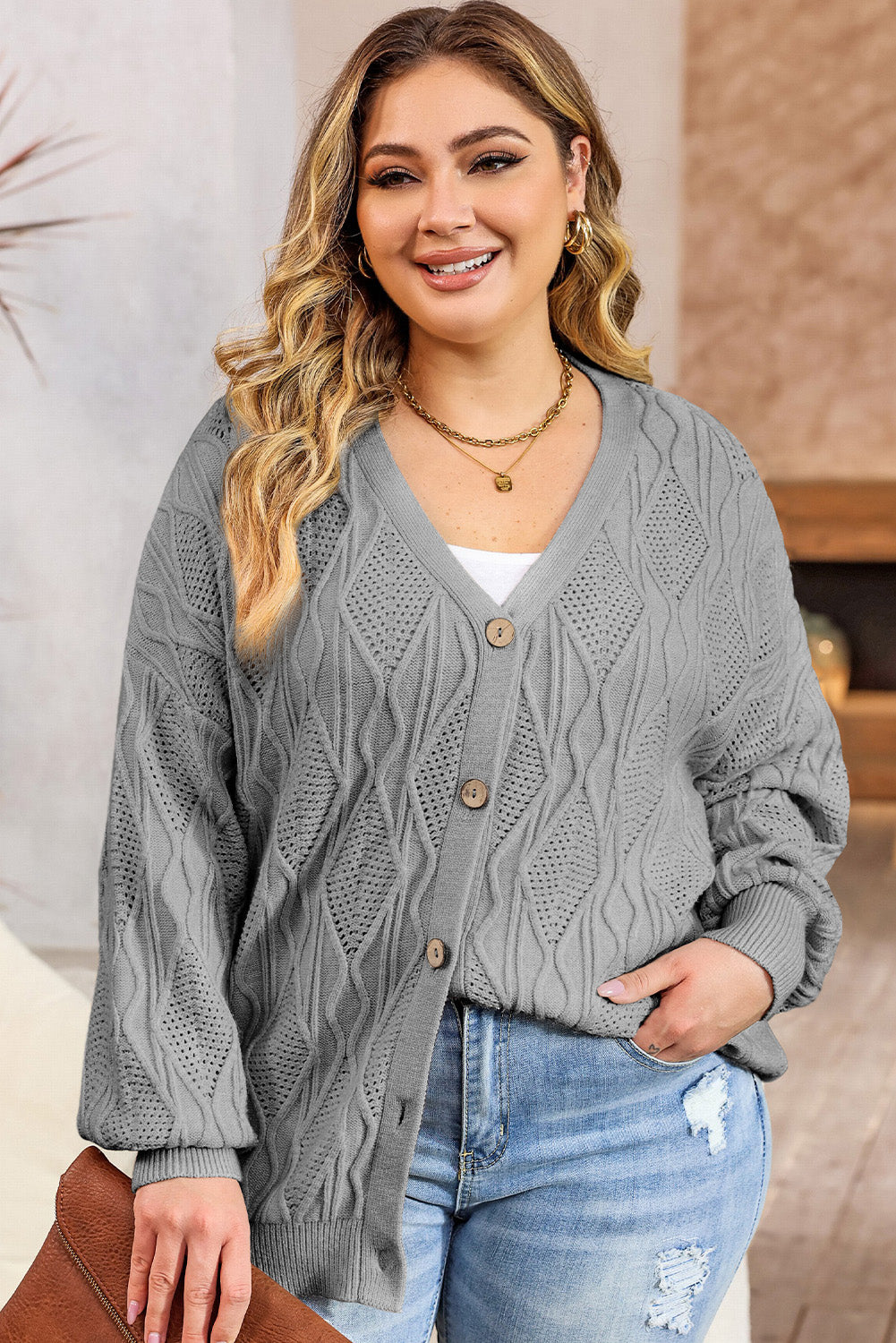 Plus Size Cable-Knit Button Up Sweater-Angel Casuals