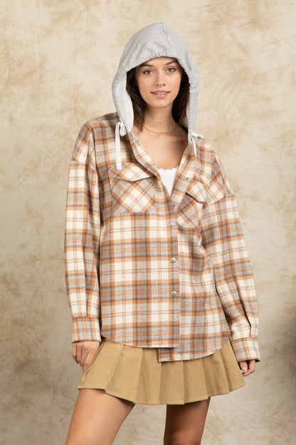 Drawstring Plaid Long Sleeve Hooded Jacket-Angel Casuals