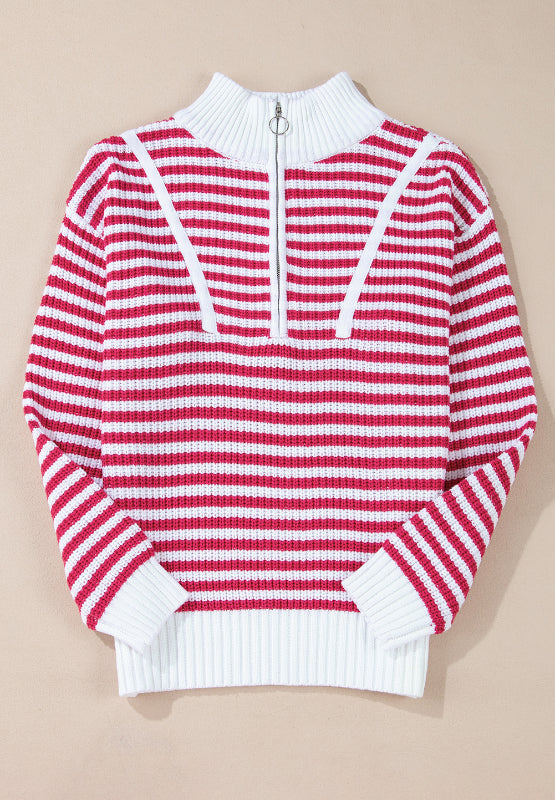 Striped Half Zip Mock Neck Long Sleeve Sweater-Angel Casuals