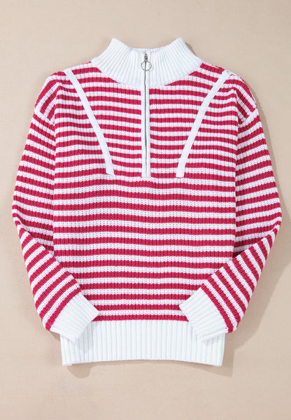 Striped Half Zip Mock Neck Long Sleeve Sweater-Angel Casuals