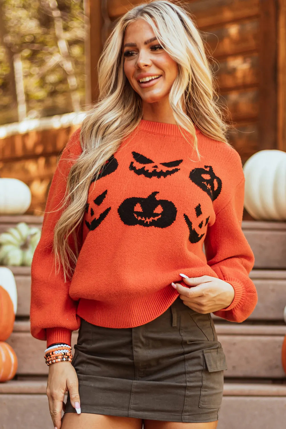 Pumpkin Pattern Round Neck Sweater-Angel Casuals