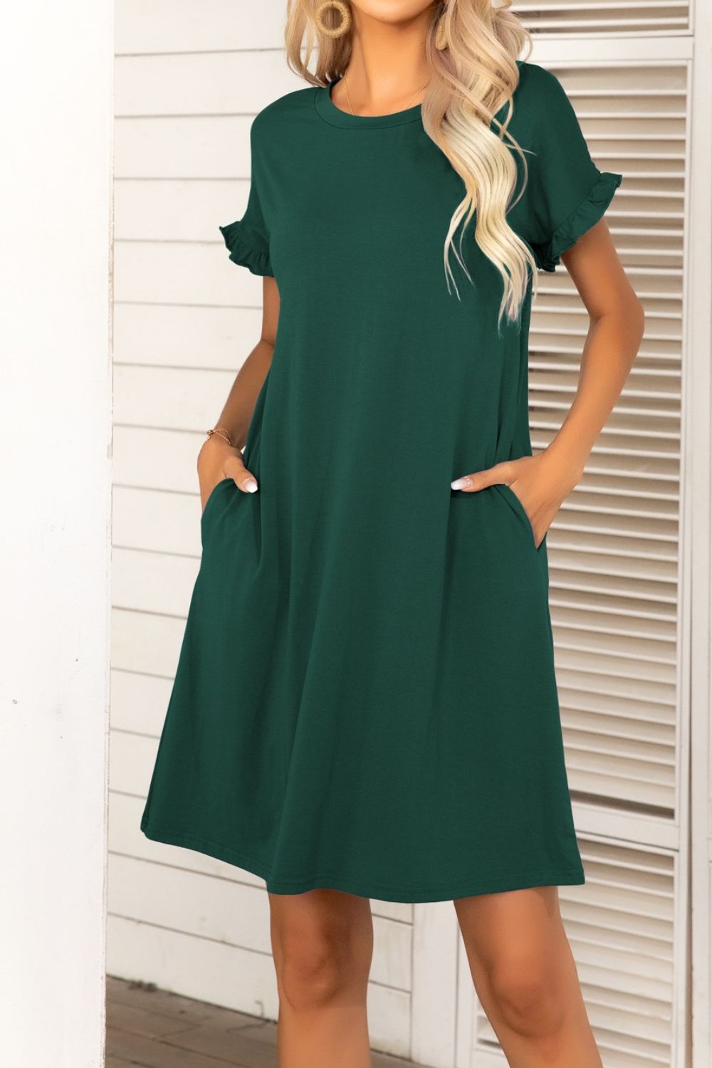 Flounce Sleeve Round Neck Dress with Pockets-Angel Casuals