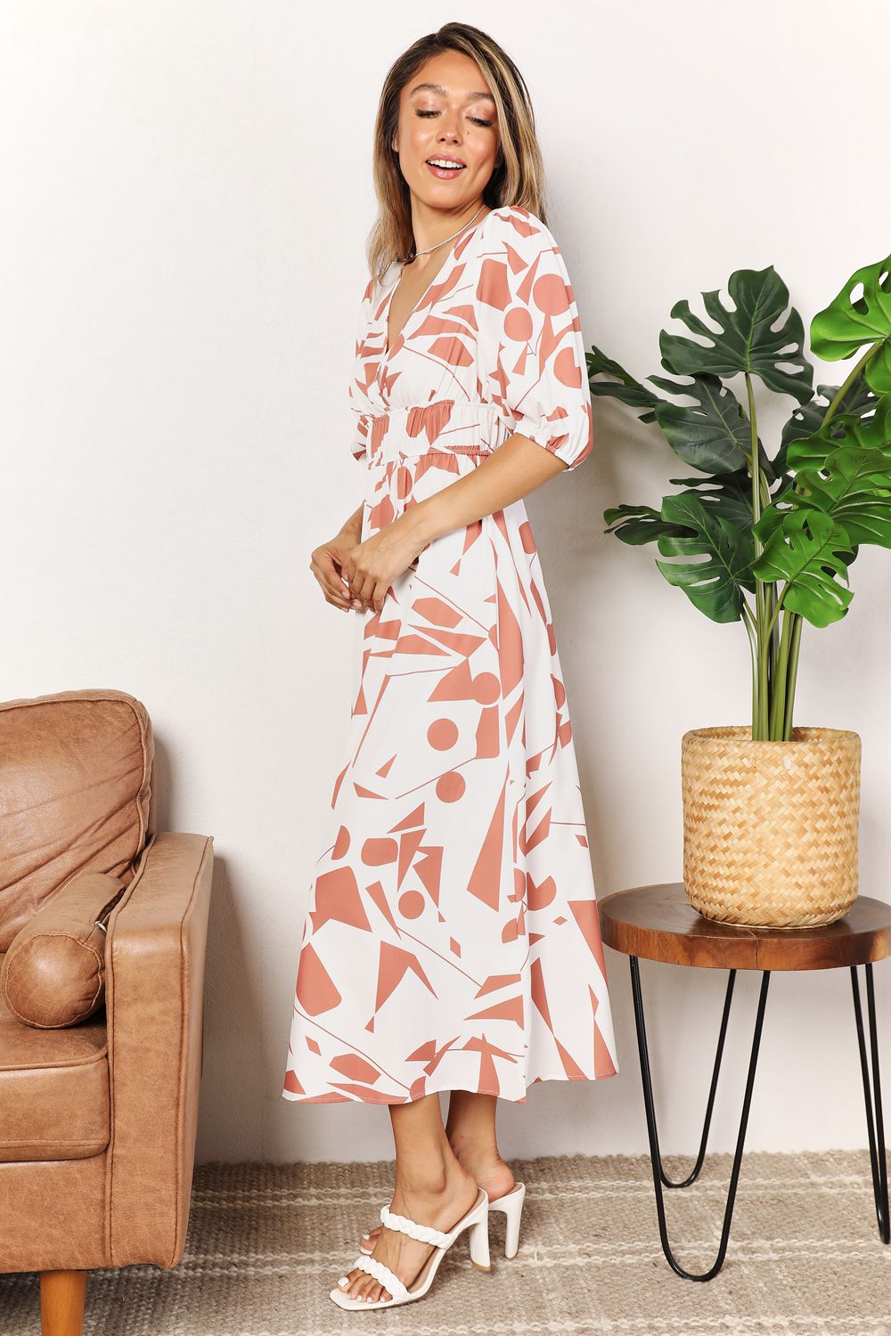 Printed Surplice Balloon Sleeve Dress-Angel Casuals