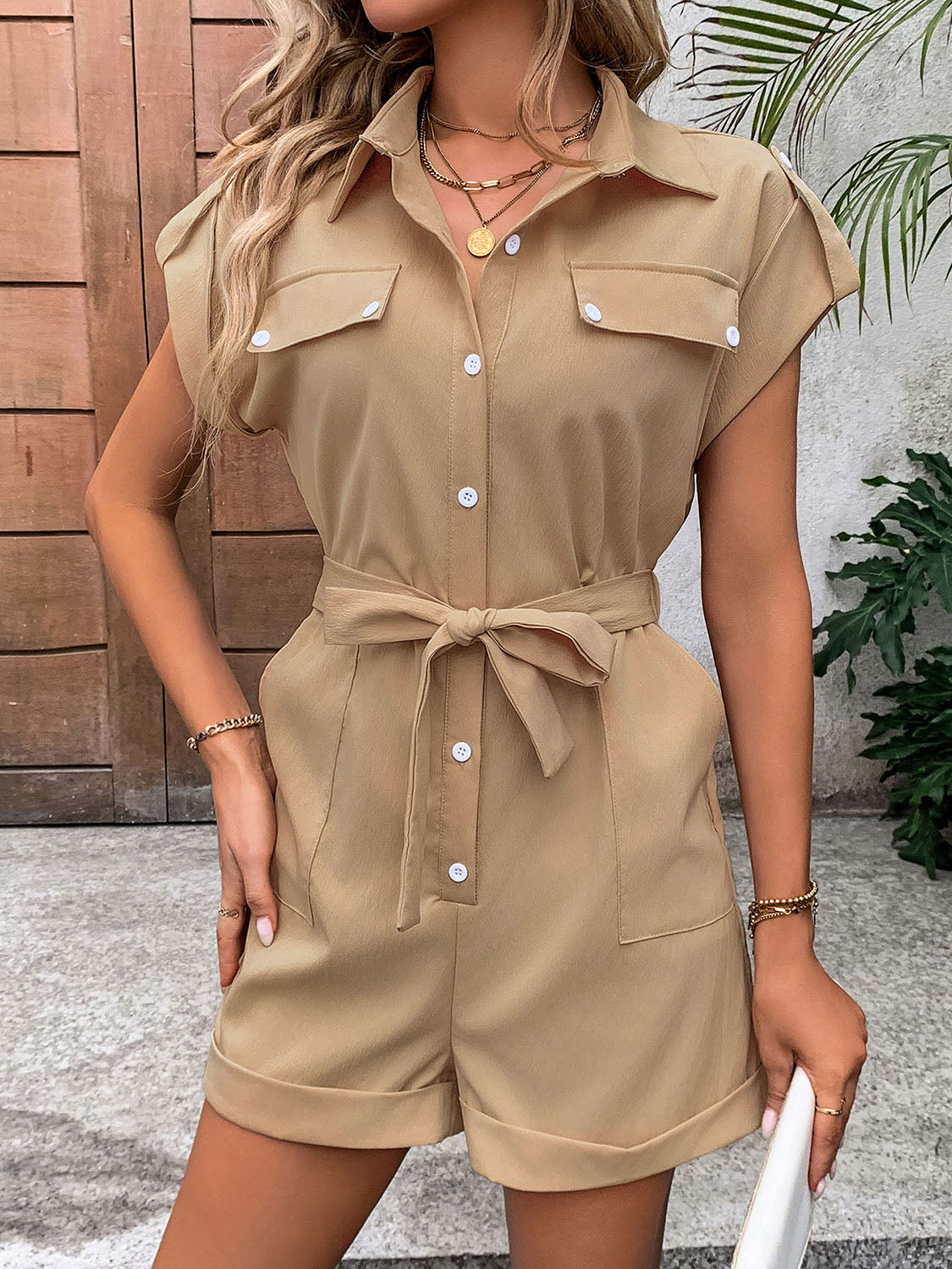 Collared Neck Tie Waist Romper with Pockets-Angel Casuals