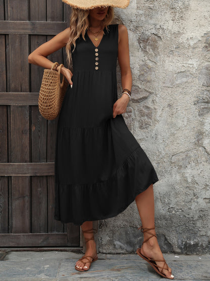 Decorative Button Notched Sleeveless Dress-Angel Casuals