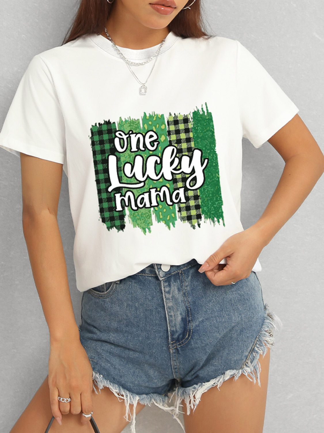 ONE LUCKY MAMA Round Neck T-Shirt-Angel Casuals
