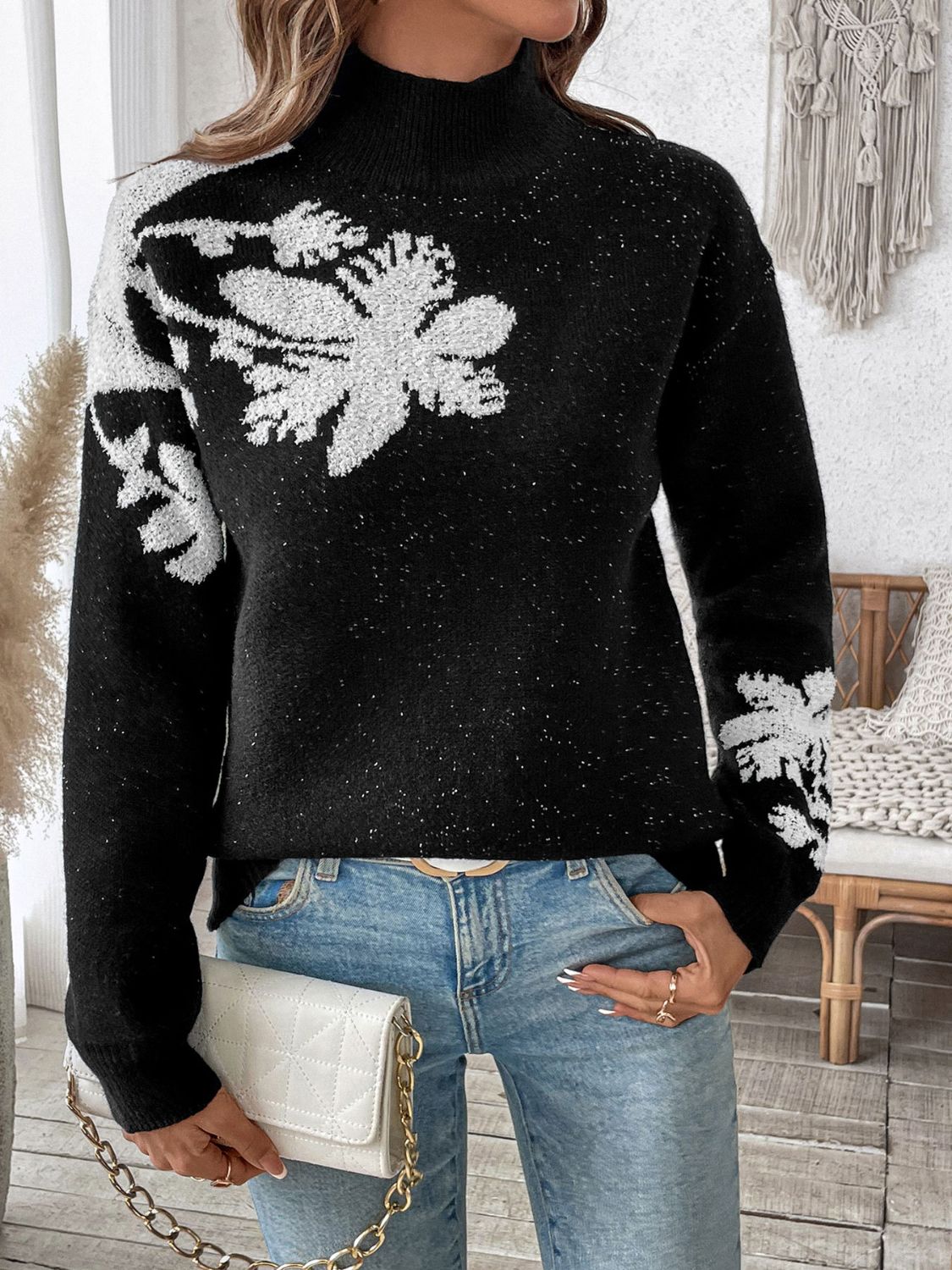 Perfee Flower Mock Neck Long Sleeve Sweater-Angel Casuals