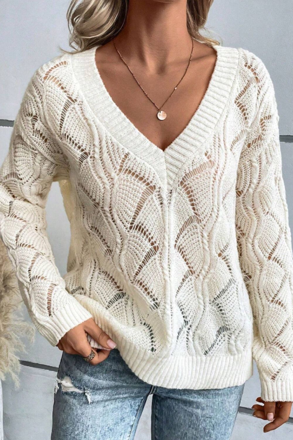 Openwork V-Neck Long Sleeve Sweater-Angel Casuals