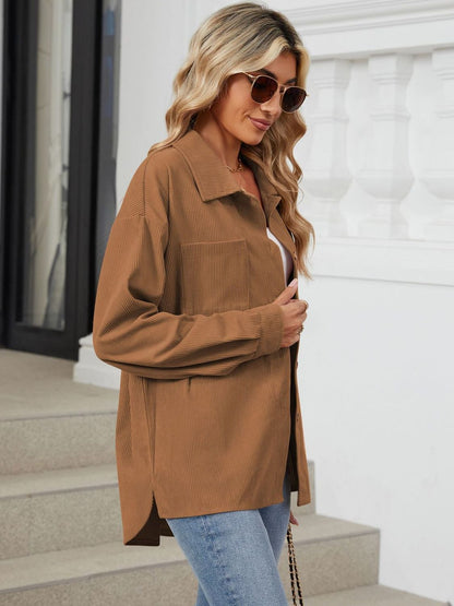 Button Up Dropped Shoulder Long Sleeve Outerwear-Angel Casuals