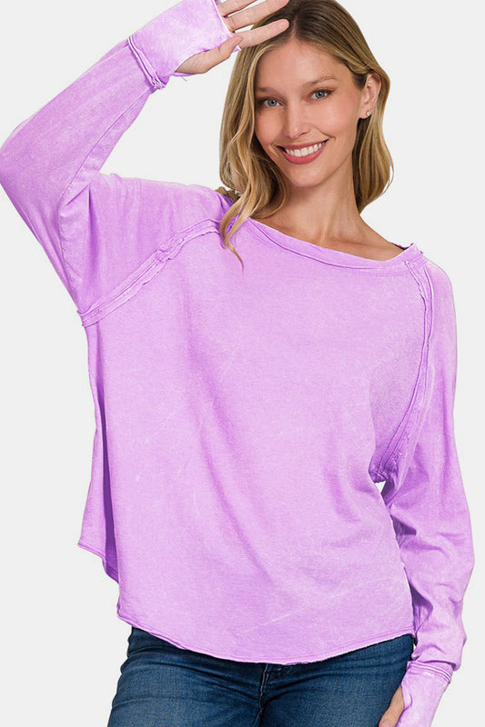 Zenana Round Neck Thumbhole Long Sleeve T-Shirt-Angel Casuals