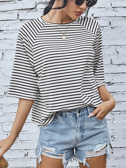 Striped Round Neck Raglan Sleeve T-Shirt-Angel Casuals