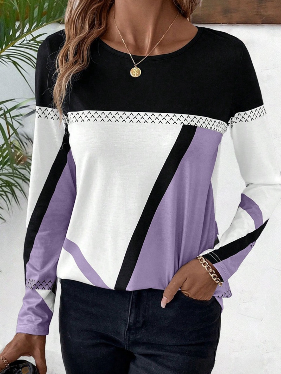 Contrast Round Neck Long Sleeve T-Shirt-Angel Casuals