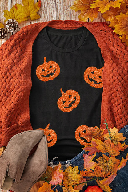 Full Size Glitter Jack-O'-Lantern Round Neck Short Sleeve T-Shirt-Angel Casuals