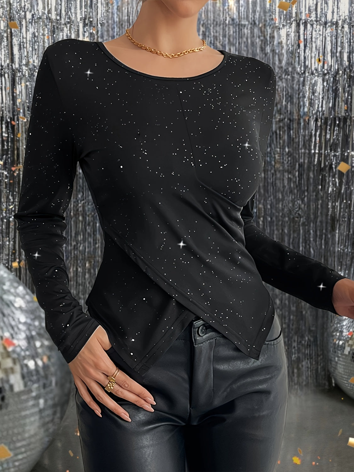 Glitter Round Neck Long Sleeve T-Shirt-Angel Casuals