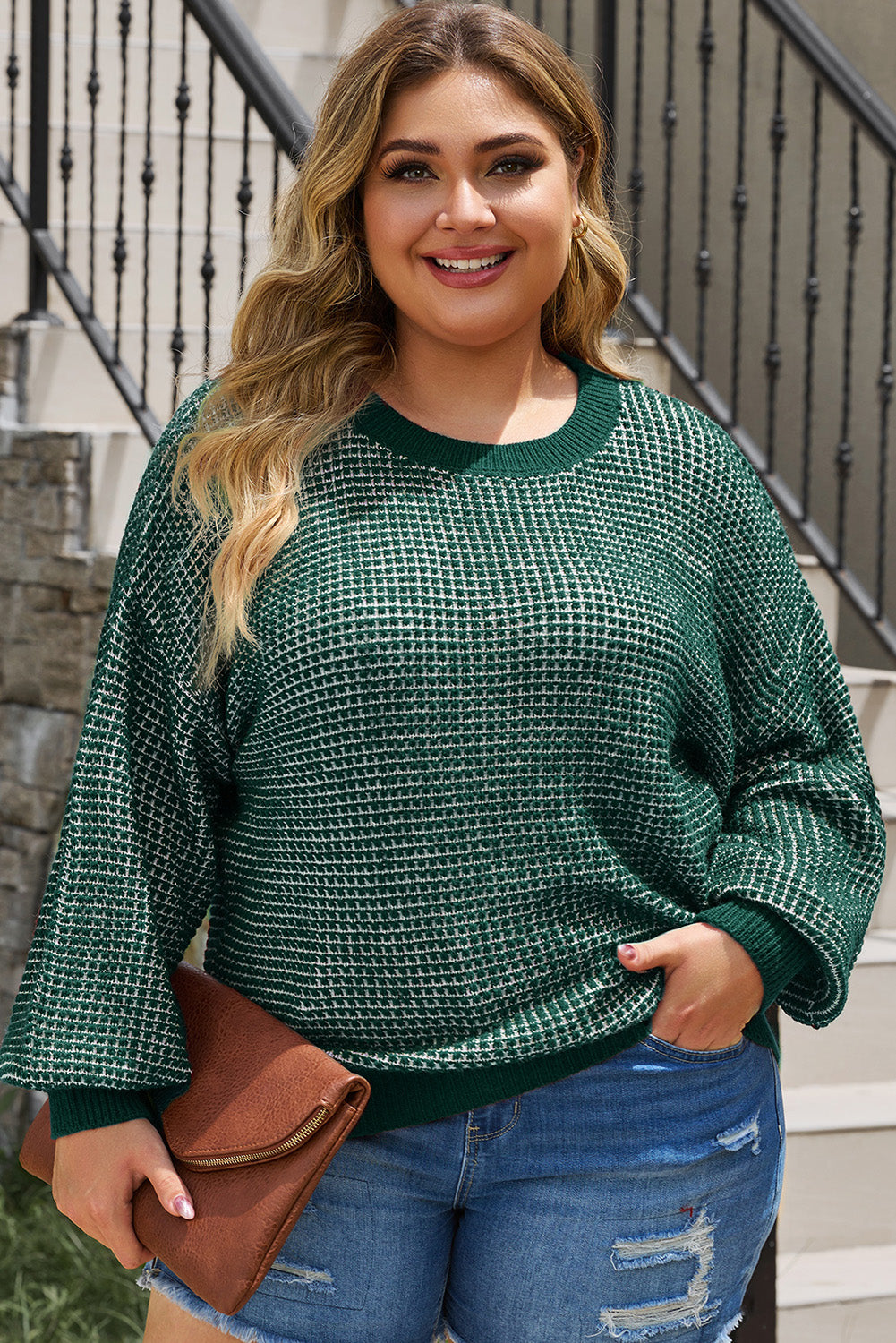 Plus Size Waffle-Knit Round Neck Dropped Shoulder Sweater-Angel Casuals