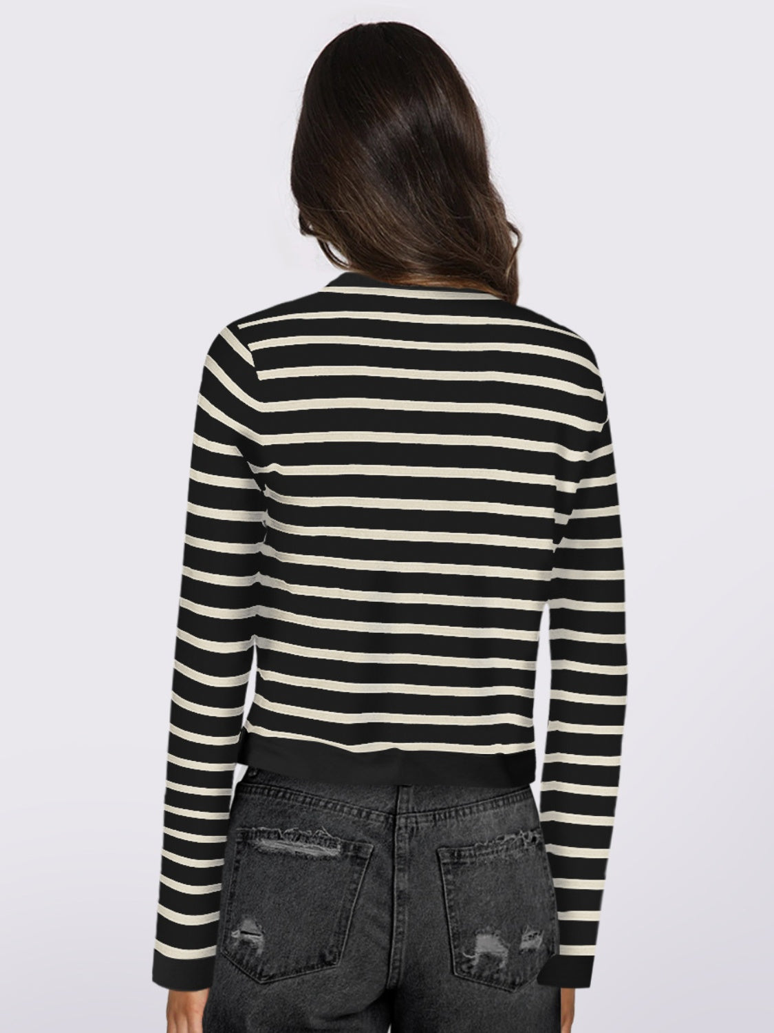 Striped Round Neck Button Up Long Sleeve Cardigan-Angel Casuals