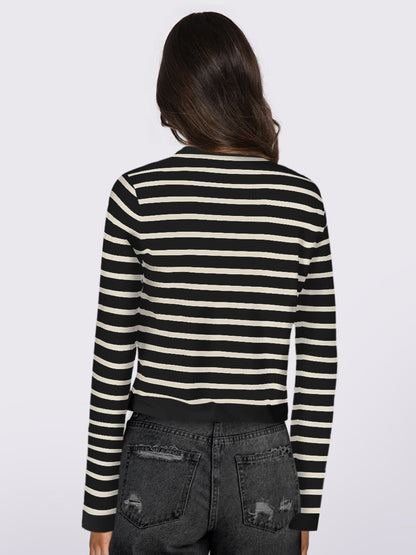 Striped Round Neck Button Up Long Sleeve Cardigan-Angel Casuals