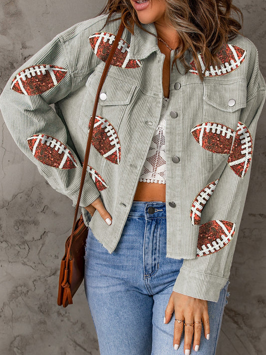 Football Sequin Button Up Dropped Shoulder Jacket-Angel Casuals