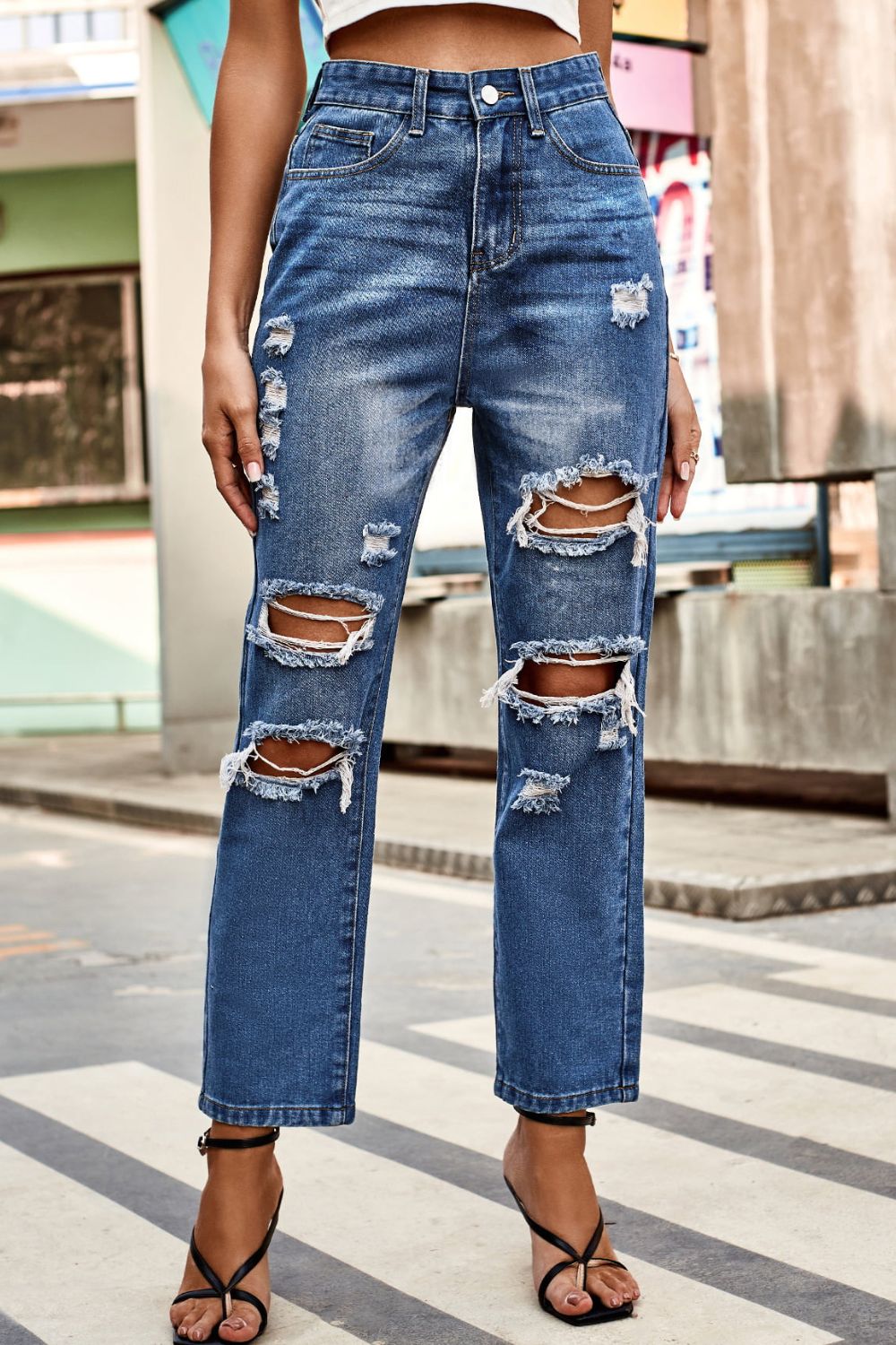 Distressed High Waist Straight Jeans-Angel Casuals