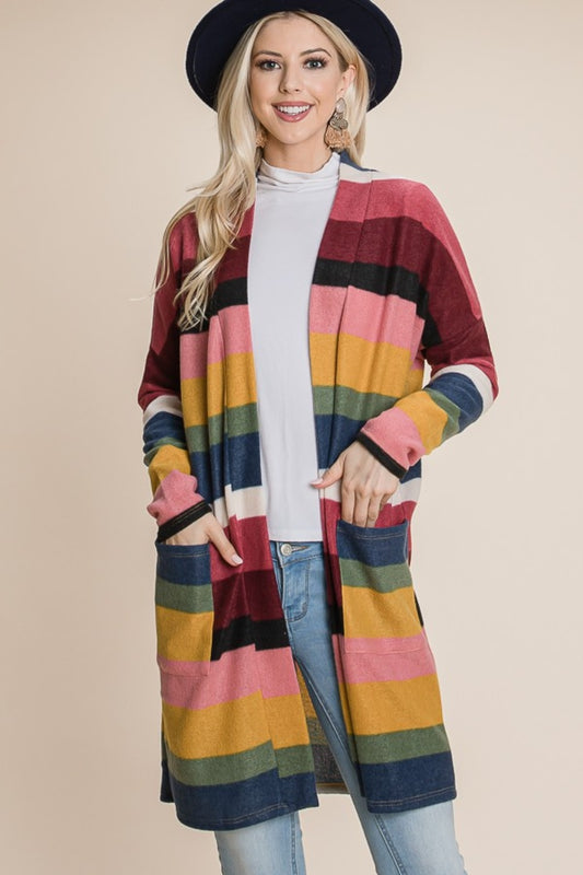 BOMBOM Color Block Striped Open Front Cardigan-Angel Casuals