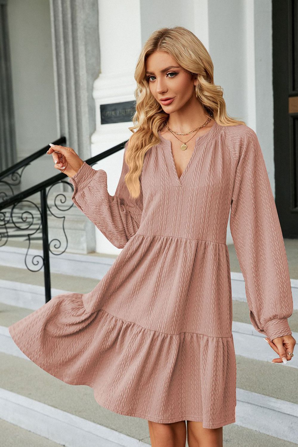 Notched Neck Long Sleeve Mini Dress-Angel Casuals