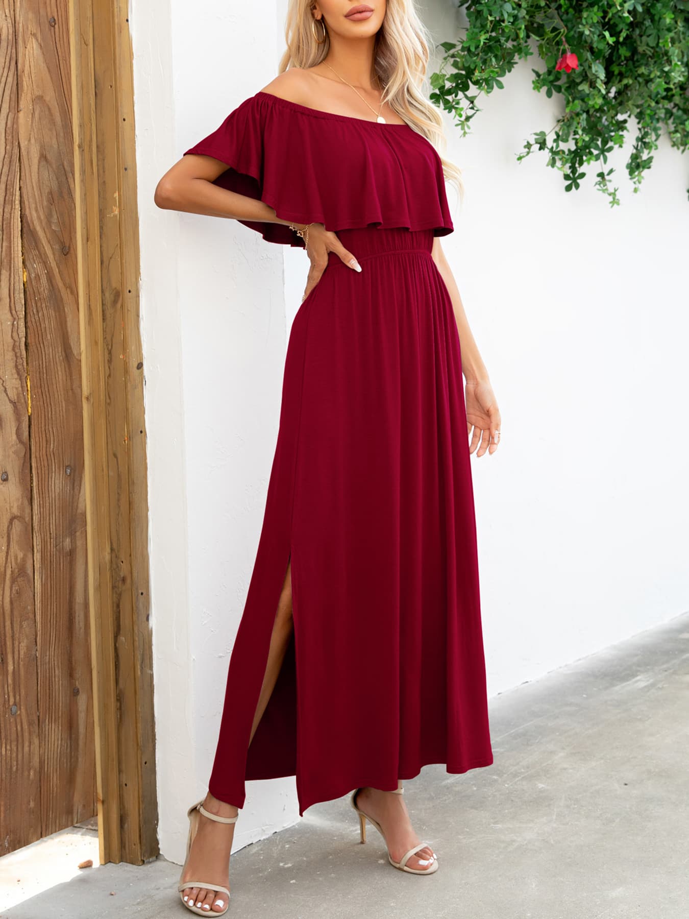 Off-Shoulder Slit Maxi Dress-Angel Casuals