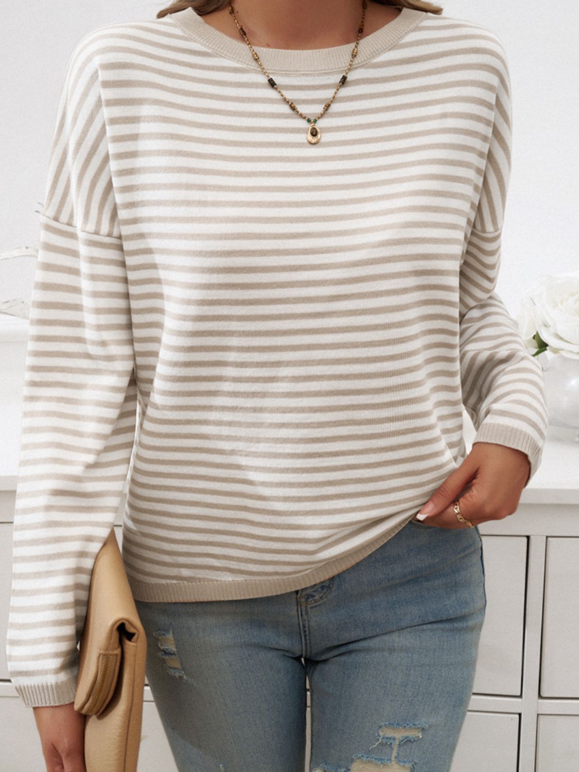 Devine Striped Round Neck Dropped Shoulder Sweater-Angel Casuals