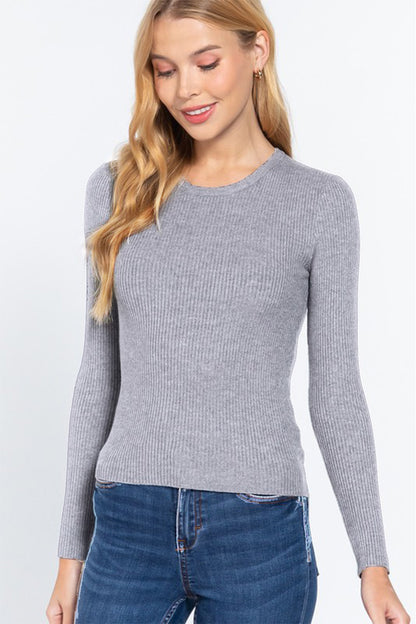 ACTIVE BASIC Full Size Ribbed Round Neck Long Sleeve Knit Top-Angel Casuals