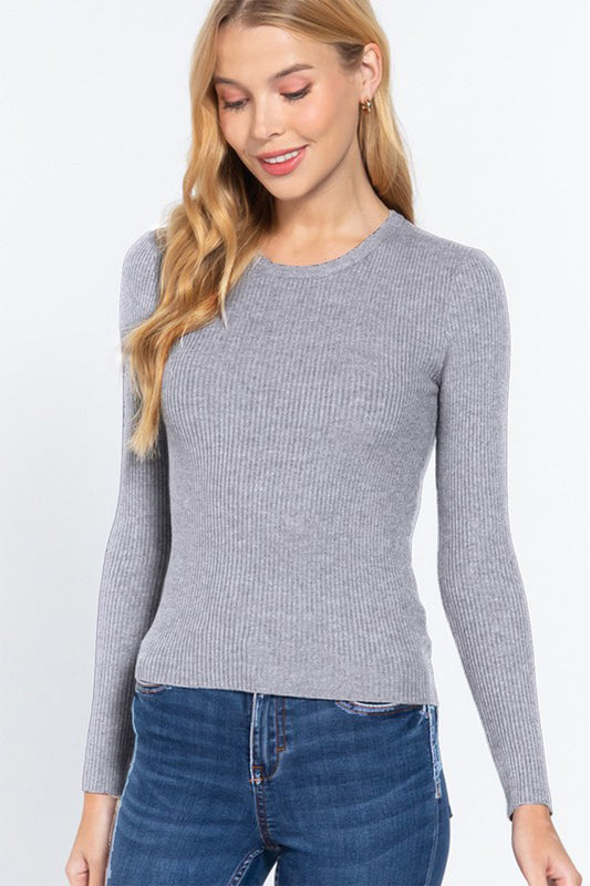 ACTIVE BASIC Full Size Ribbed Round Neck Long Sleeve Knit Top-Angel Casuals