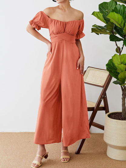 Off-Shoulder Short Sleeve Wide Leg Jumpsuit-Angel Casuals