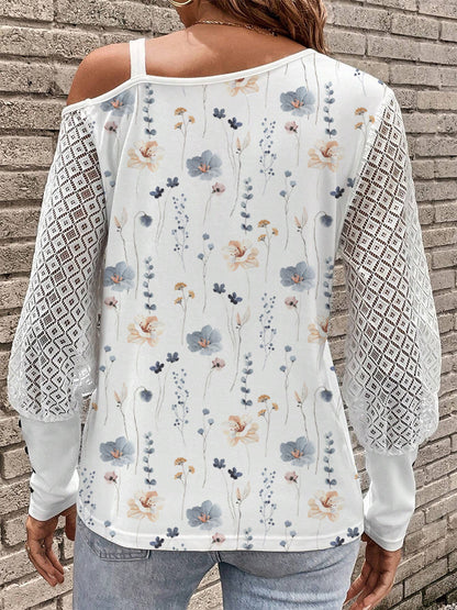 Printed Asymmetrical Neck Lantern Sleeve T-Shirt-Angel Casuals