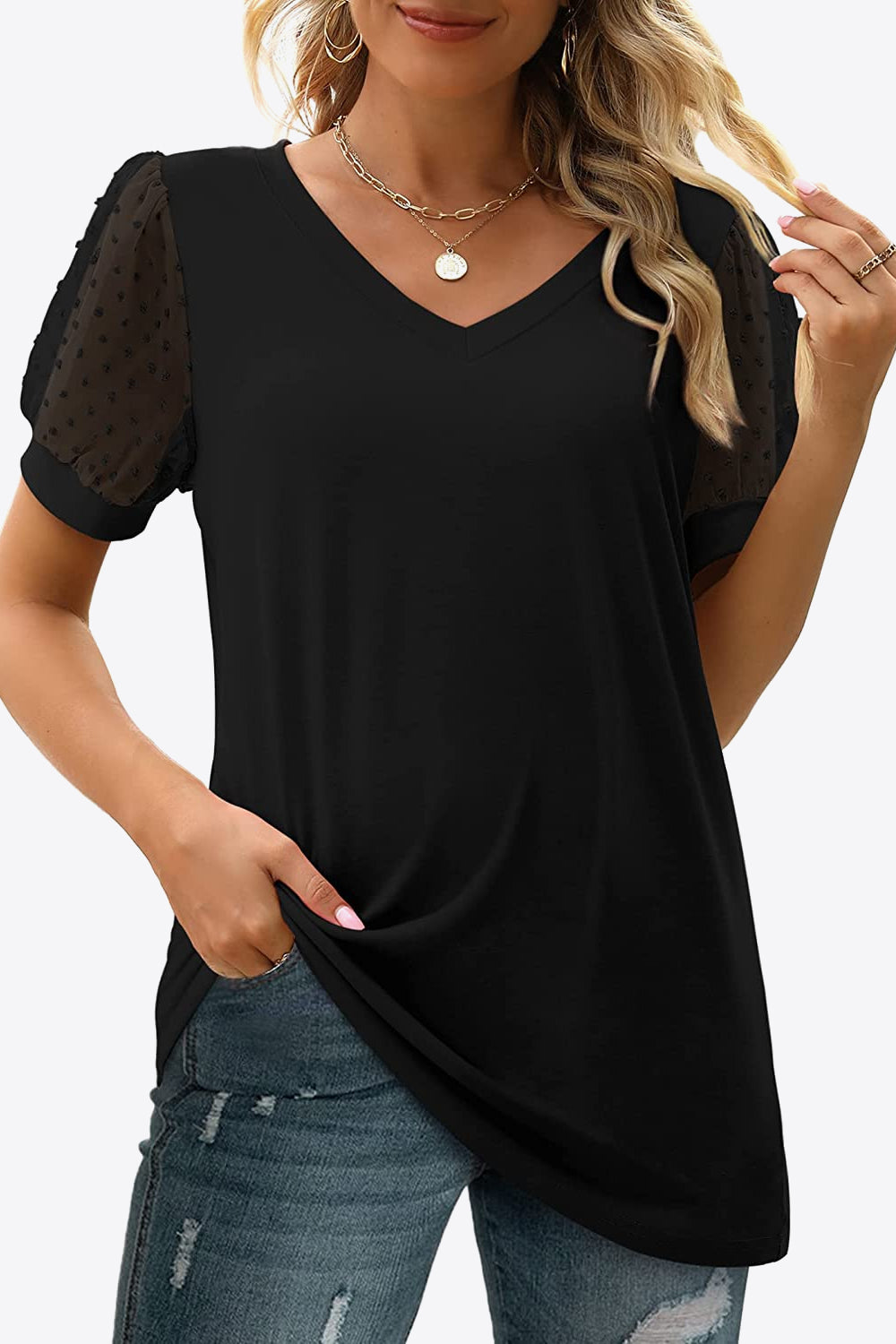 Swiss Dot Puff Sleeve V-Neck Tee-Angel Casuals