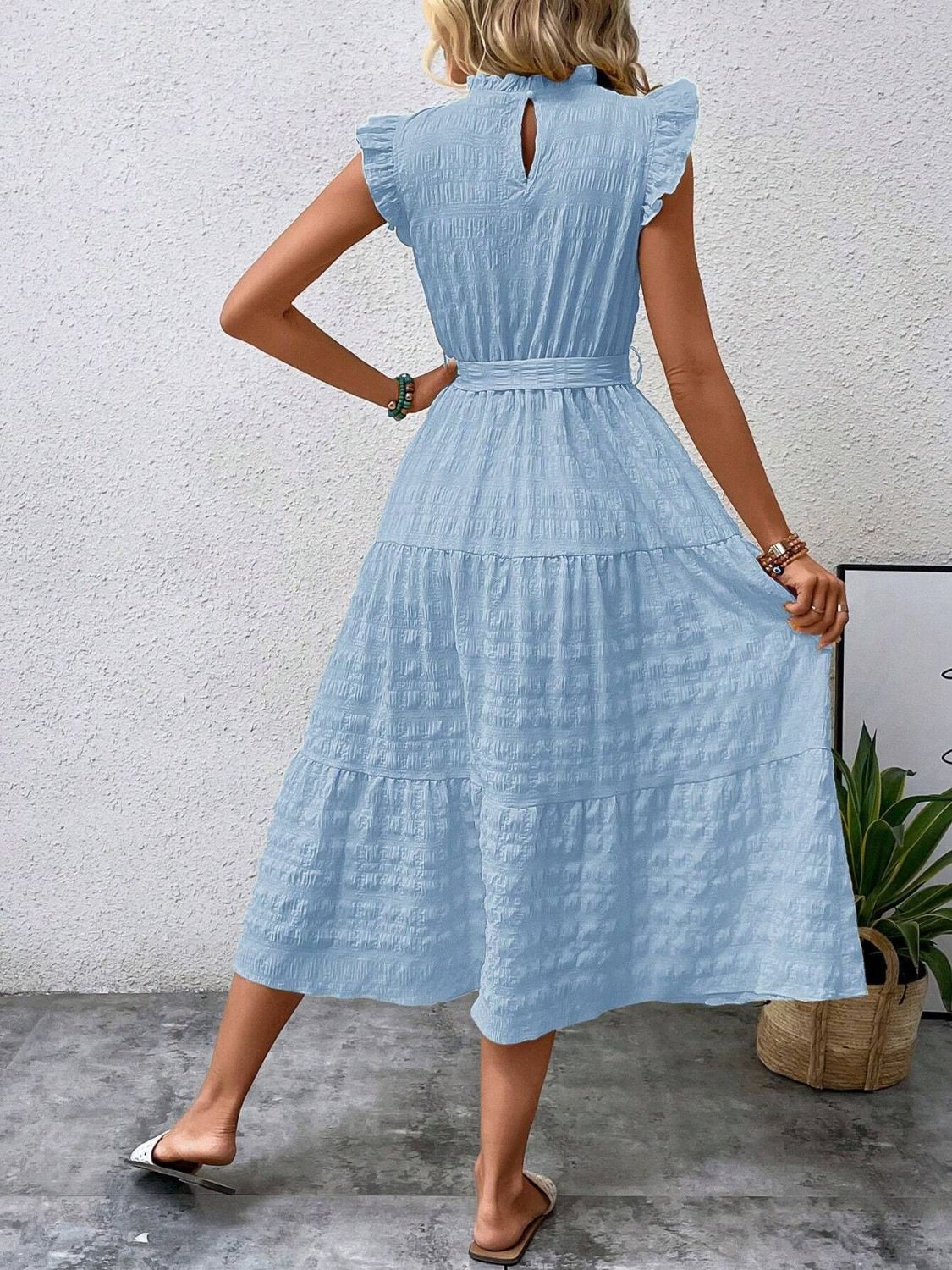 Tied Ruffled Cap Sleeve Midi Dress-Angel Casuals