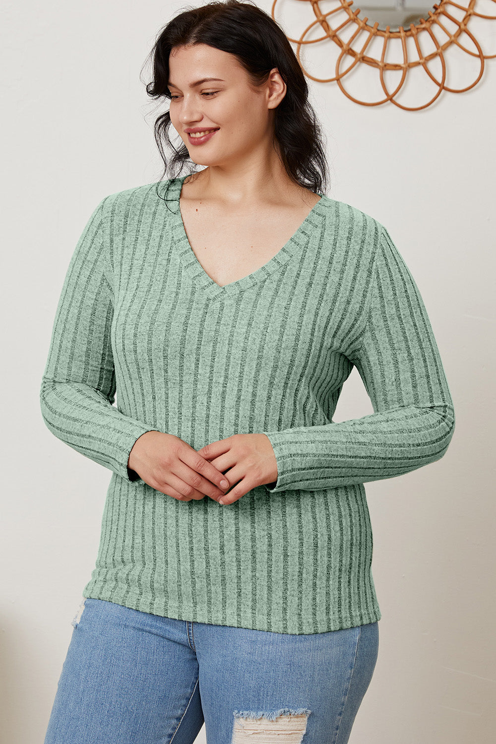 Basic Bae Full Size Ribbed V-Neck Long Sleeve T-Shirt-Angel Casuals