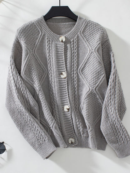 Cable-Knit Round Neck Button Up Cardigan-Angel Casuals