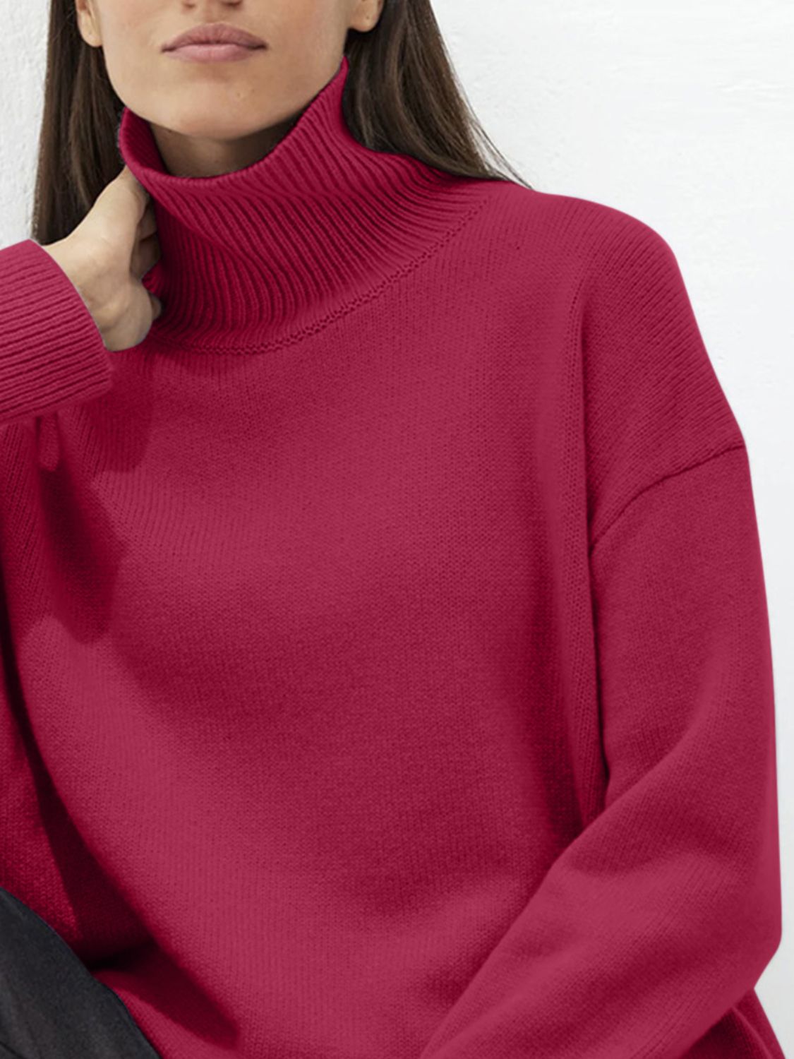 Turtleneck Drop Shoulder Long Sleeve Sweater-Angel Casuals