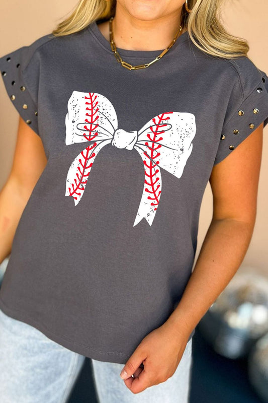 Studded Bow Graphic Round Neck Cap Sleeve T-Shirt-Angel Casuals