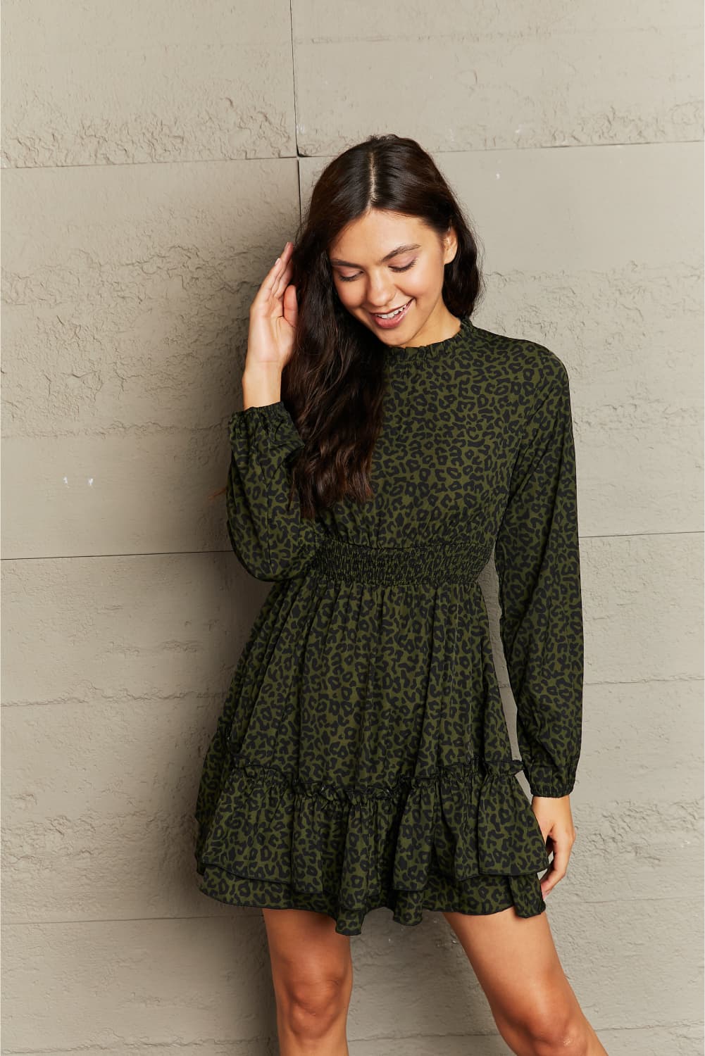 Leopard Smock Waist Long Sleeve Dress-Angel Casuals