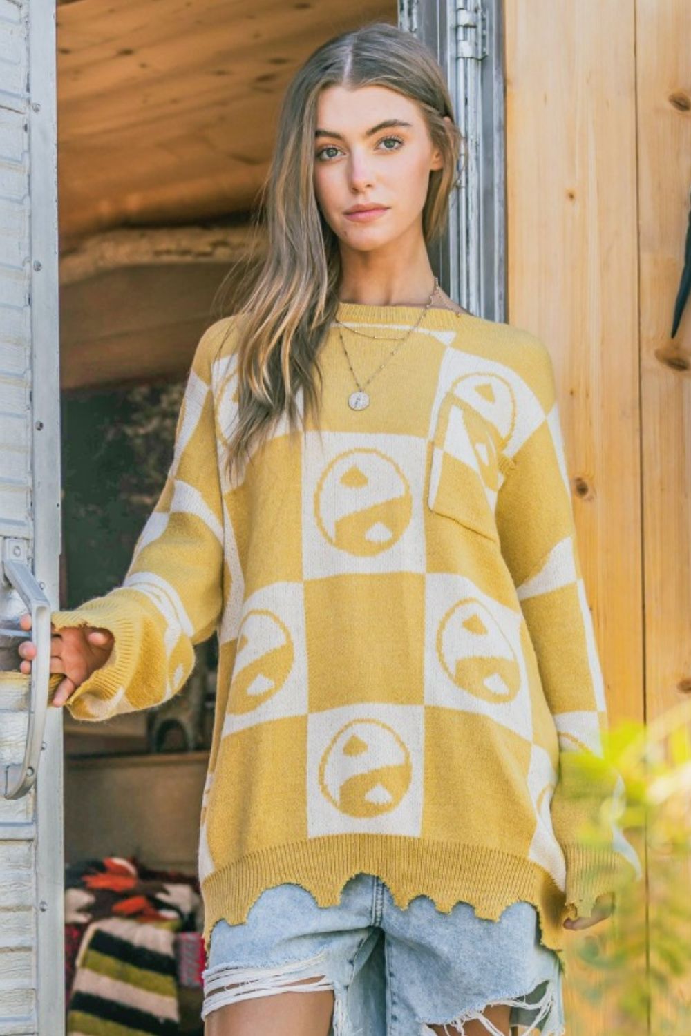 And The Why Checkerboard Sweater with Yin Yang Pattern-Angel Casuals