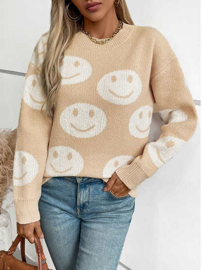 Smile Pattern Round Neck Long Sleeve Sweater-Angel Casuals