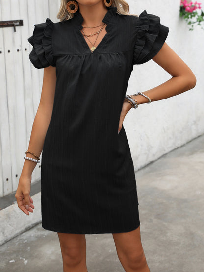 Ruffled Notched Cap Sleeve Mini Dress-Angel Casuals