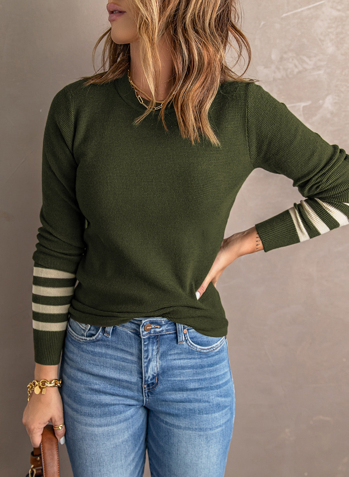 Striped Round Neck Long Sleeve Knit Top-Angel Casuals