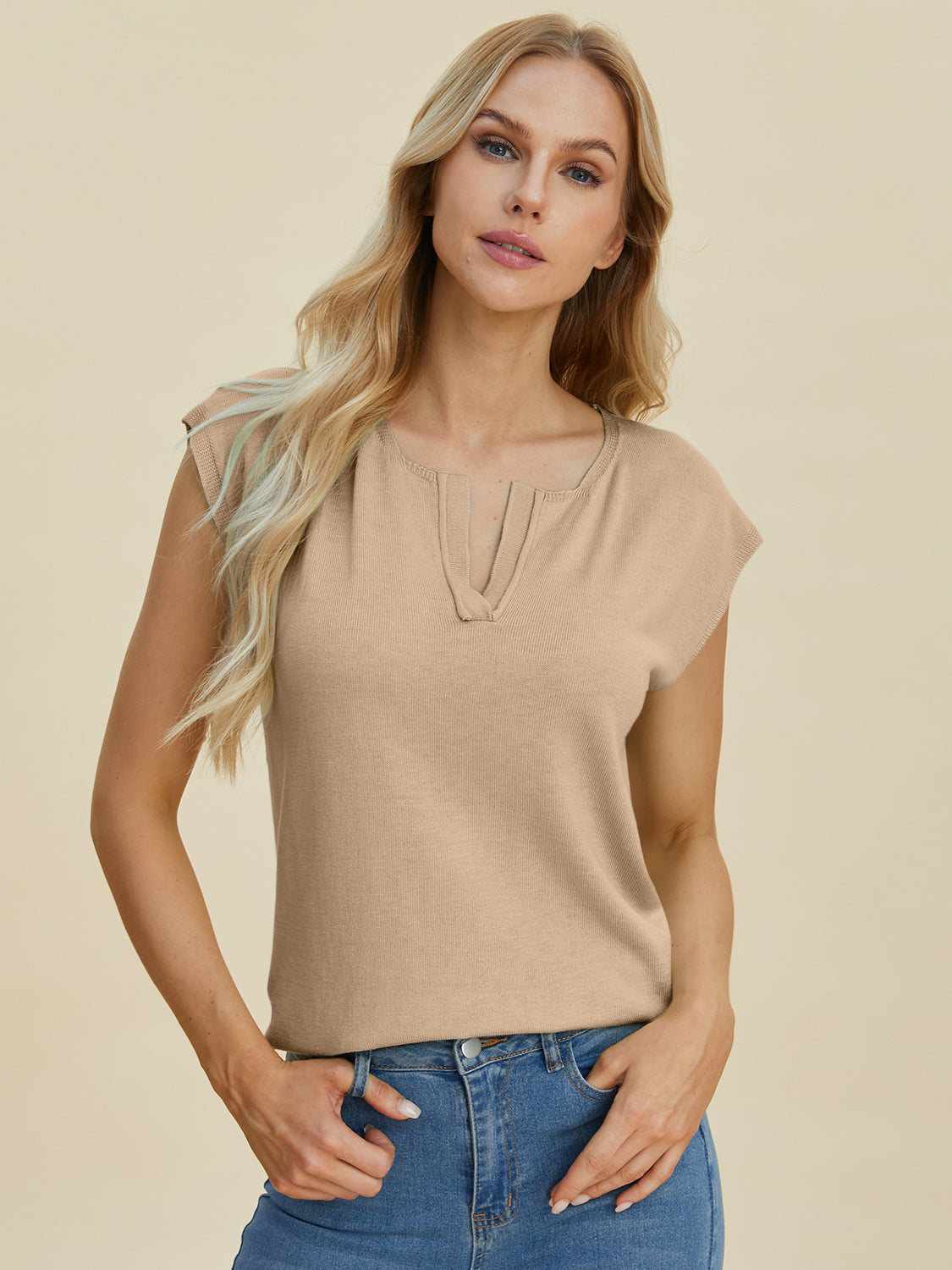 Double Take Full Size Notched Cap Sleeve Knit Top-Angel Casuals