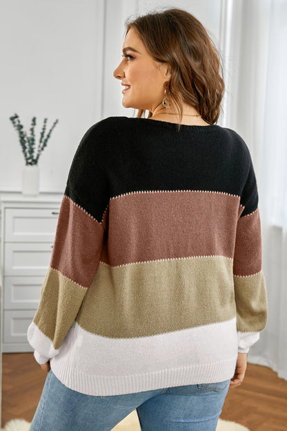 Plus Size Color Block Round Neck Sweater-Angel Casuals